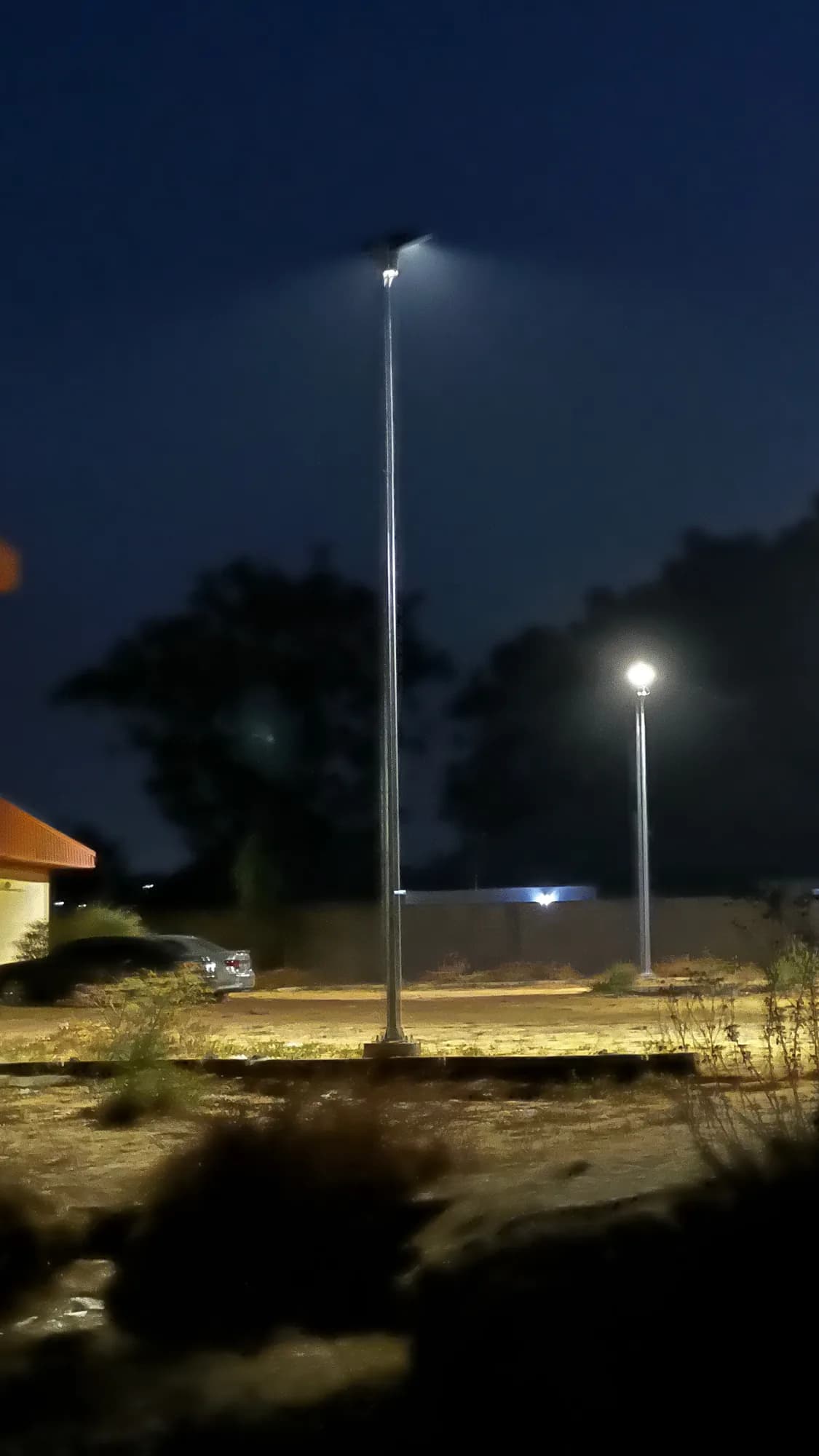 Street lights along an empty road at night