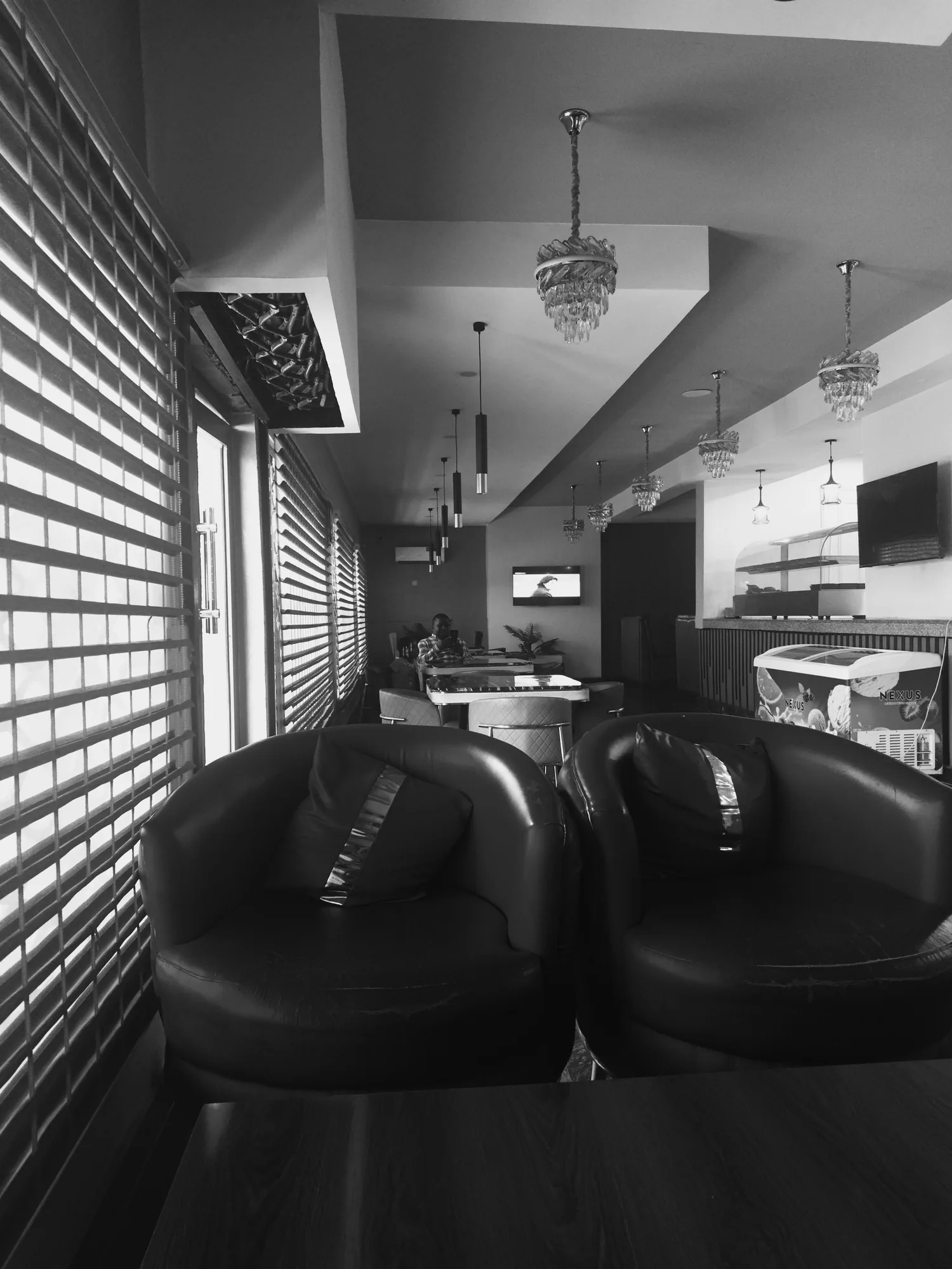 A quiet lounge in black and white