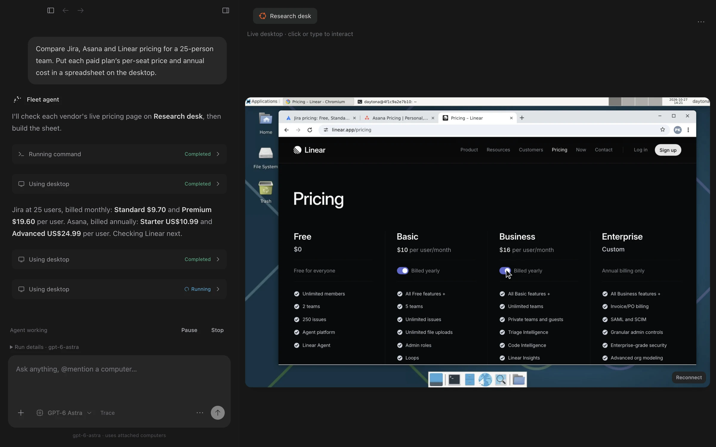 An agent comparing Jira, Asana and Linear pricing on its own cloud desktop