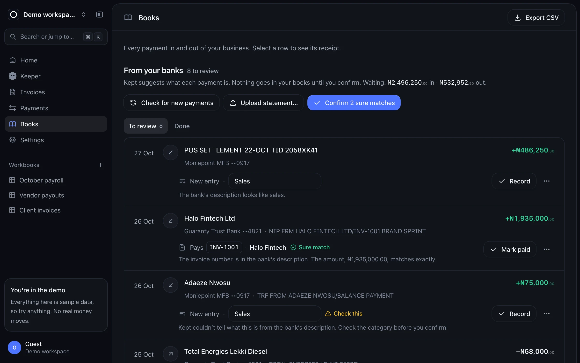 Bank activity with suggested categories and sure matches