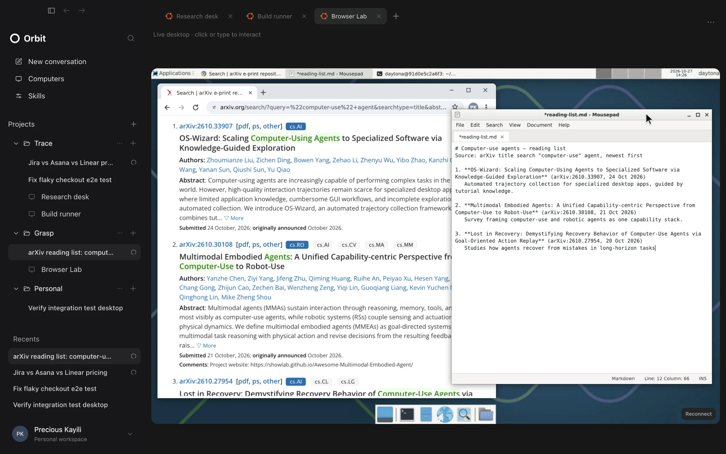 Three computers open as tabs, one building a reading list from arXiv