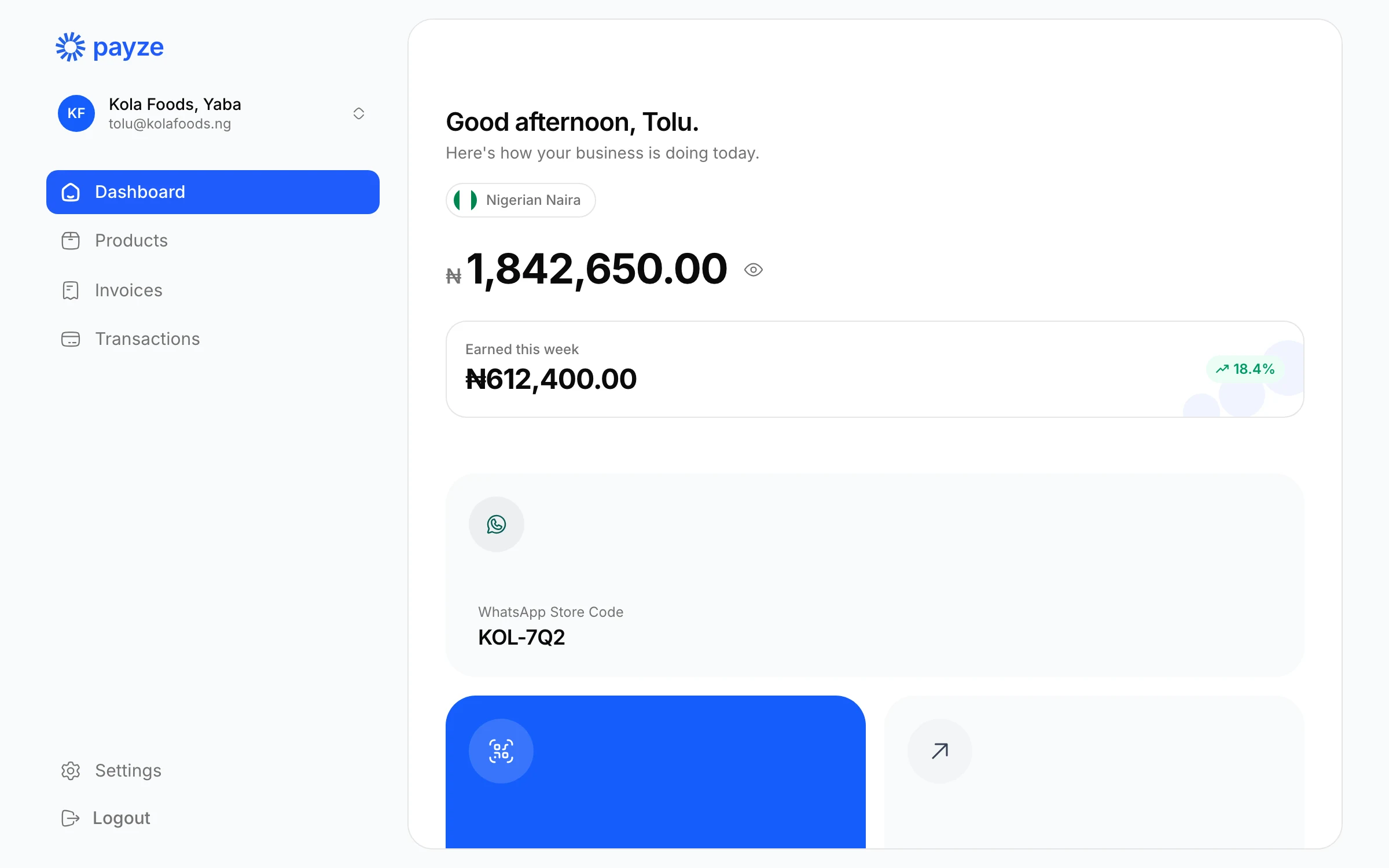 Dashboard with balance and WhatsApp store code