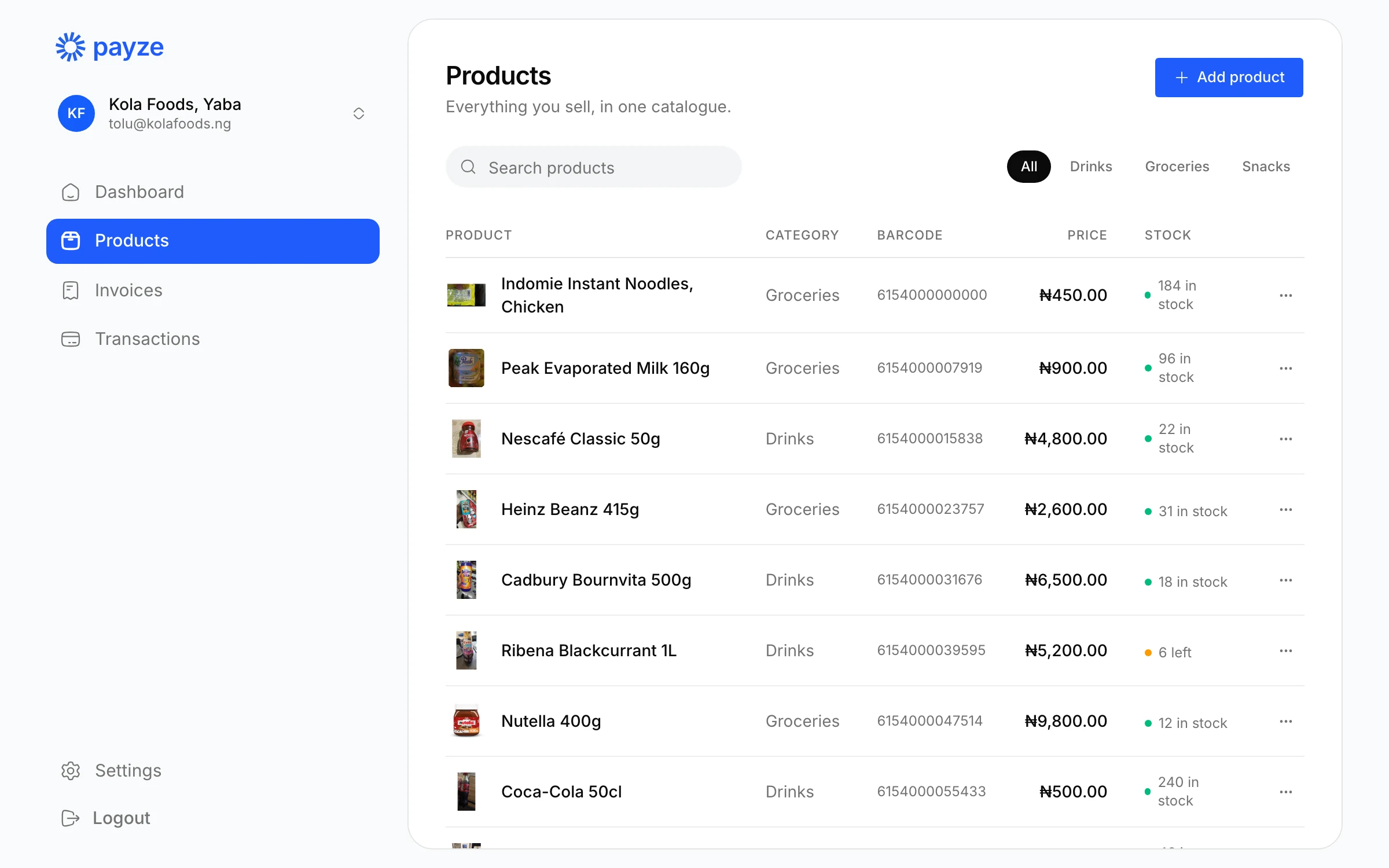 Catalogue with stock levels