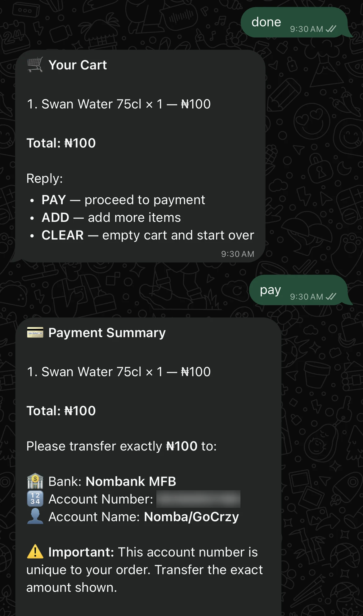 Check the cart, then pay to an account made for the order