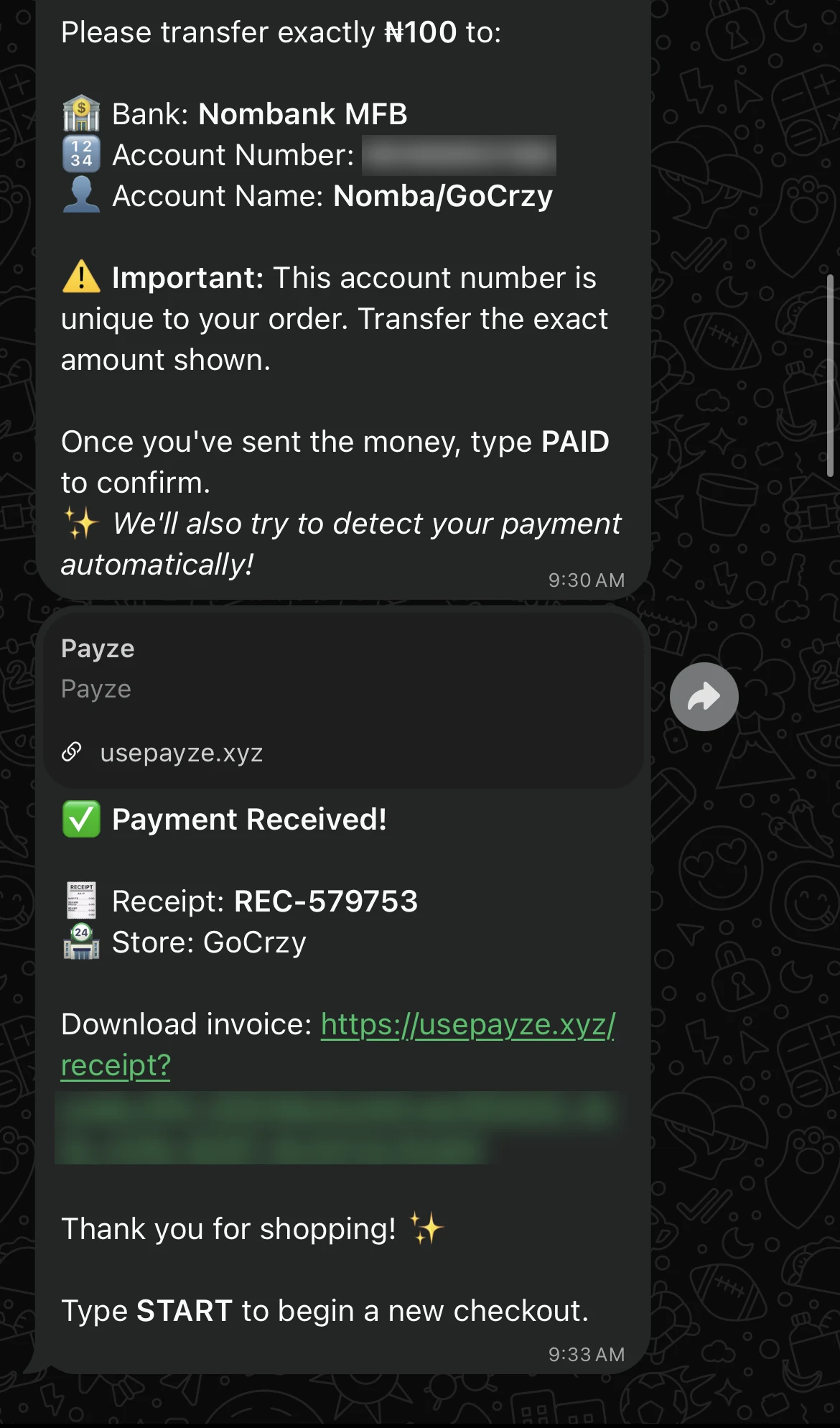 Payze spots the transfer and sends the receipt