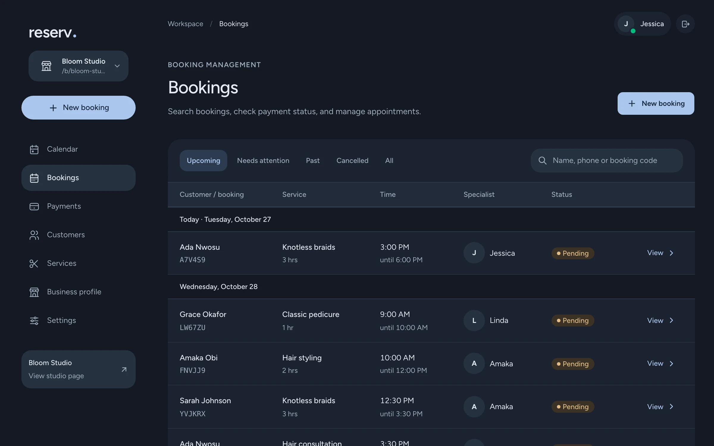 Today's bookings and their status